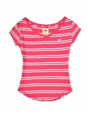 Y2K 2000s Hollister Pink & White Striped V-Neck T-Shirt